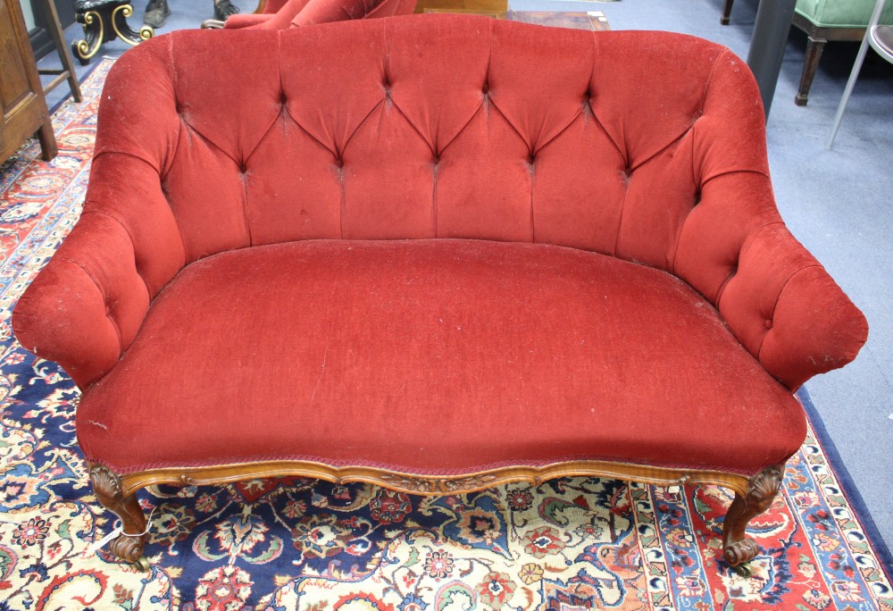 A Victorian small upholstered two-seater settee, W.130cm D.74cm H.78cm